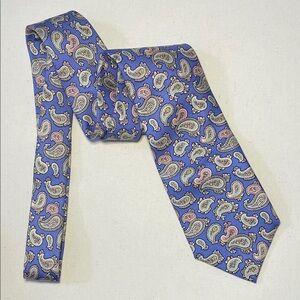 LANDS’ END Silk Hand-sewn Paisley Patterned Blue & Pink Tie Preppy Office